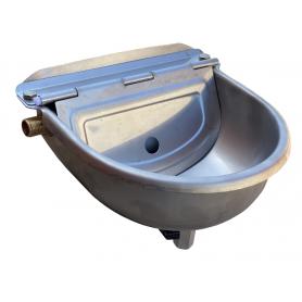 Abbeveratoio a vaschetta in acciaio inox con galleggiante e rubinetto di scarico. Fissaggio a parete